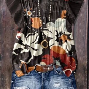 Floral Print Women's Top - Black, White, Red, Orange 2XL